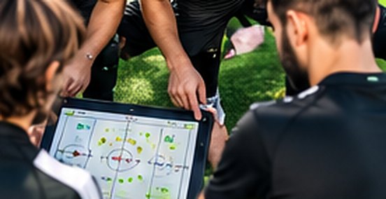 Un entraîneur explique une tactique sur une tablette à un jeune joueur