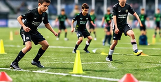 Des jeunes s'entraînent avec des cônes sur un terrain de soccer